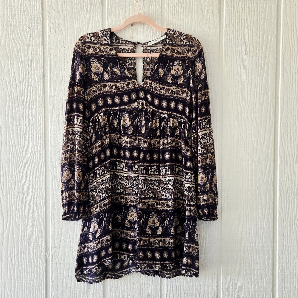 Zara Boho Western Floral V Neck Romper Long Sleeve Keyhole Neck Festival XS